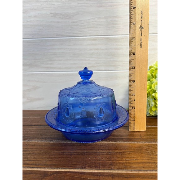 Vintage Pressed Cobalt Glass Butter Dish / Cheese Dome - Picture 7 of 7